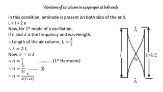 Vibrations of air columnin a pipe openat both ends
In this condition, antinode is present on both side of the end.
L = l + 2 e
Now, for 1st mode of a oscillation,
If n and 𝜆 is the frequency and wavelength.
∴ Length of the air column, 𝐿 =
𝜆
2
∴ 𝜆 = 2 𝐿
Now, 𝑣 = 𝑛 𝜆
∴ 𝑛 =
𝑣
𝜆
………….. (1st Harmonic)
∴ 𝑛 =
𝑣
2𝐿
……… (i)
∴ 𝑛 =
𝑣
2(𝑙+2𝑒)
 