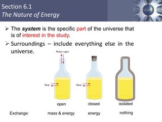 Section 6.1
The Nature of Energy
Copyright © Cengage Learning. All rights reserved 15
 The system is the specific part of the universe that
is of interest in the study.
 Surroundings – include everything else in the
universe.
open
mass & energyExchange:
closed
energy
isolated
nothing
 