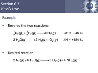 Section 6.3
Hess’s Law
Example
 Reverse the two reactions:
 Desired reaction:
Copyright © Cengage Learning. All rights reserved 40
2 2 2 32 N ( ) 6 H O( ) 3 O ( ) 4 NH ( )  g g g g
2 2 3
2 2 2
1 3
2 2
N ( ) H ( ) NH ( ) H = 46 kJ
2 H O( ) 2 H ( ) O ( ) H = +484 kJ
  D 
  D
g g g
g g g
 
