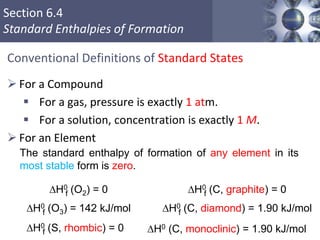 Section 6.4
Standard Enthalpies of Formation
Conventional Definitions of Standard States
 For a Compound
 For a gas, pressure is exactly 1 atm.
 For a solution, concentration is exactly 1 M.
 For an Element
Copyright © Cengage Learning. All rights reserved 46
The standard enthalpy of formation of any element in its
most stable form is zero.
DH0 (O2) = 0f
DH0 (O3) = 142 kJ/molf
DH0 (C, graphite) = 0f
DH0 (C, diamond) = 1.90 kJ/molf
DH0 (C, monoclinic) = 1.90 kJ/molDH0 (S, rhombic) = 0f
 