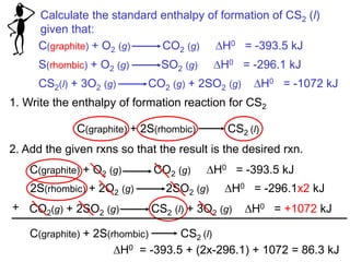 Calculate the standard enthalpy of formation of CS2 (l)
given that:
C(graphite) + O2 (g) CO2 (g) DH0 = -393.5 kJ
S(rhombic) + O2 (g) SO2 (g) DH0 = -296.1 kJ
CS2(l) + 3O2 (g) CO2 (g) + 2SO2 (g) DH0 = -1072 kJ
1. Write the enthalpy of formation reaction for CS2
C(graphite) + 2S(rhombic) CS2 (l)
2. Add the given rxns so that the result is the desired rxn.
C(graphite) + O2 (g) CO2 (g) DH0 = -393.5 kJ
2S(rhombic) + 2O2 (g) 2SO2 (g) DH0 = -296.1x2 kJ
CO2(g) + 2SO2 (g) CS2 (l) + 3O2 (g) DH0 = +1072 kJ+
C(graphite) + 2S(rhombic) CS2 (l)
DH0 = -393.5 + (2x-296.1) + 1072 = 86.3 kJ
 