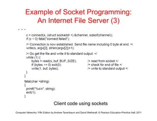Example of Socket Programming:
An Internet File Server (3)
An Internet File Server (3)
. . .
Computer Networks, Fifth Edition by Andrew Tanenbaum and David Wetherall, © Pearson Education-Prentice Hall, 2011
Client code using sockets
 