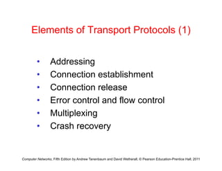 Elements of Transport Protocols (1)
Elements of Transport Protocols (1)
• Addressing
• Connection establishment
• Connection establishment
• Connection release
• Error control and flow control
• Multiplexing
p g
• Crash recovery
Computer Networks, Fifth Edition by Andrew Tanenbaum and David Wetherall, © Pearson Education-Prentice Hall, 2011
 