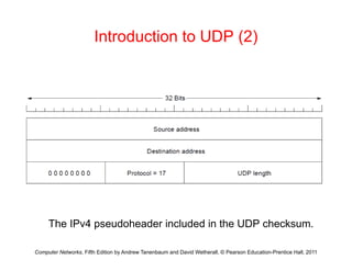 Introduction to UDP (2)
Th IP 4 d h d i l d d i th UDP h k
Computer Networks, Fifth Edition by Andrew Tanenbaum and David Wetherall, © Pearson Education-Prentice Hall, 2011
The IPv4 pseudoheader included in the UDP checksum.
 