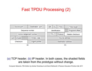 Fast TPDU Processing (2)
( ) TCP h d (b) IP h d I b th th h d d fi ld
Computer Networks, Fifth Edition by Andrew Tanenbaum and David Wetherall, © Pearson Education-Prentice Hall, 2011
(a) TCP header. (b) IP header. In both cases, the shaded fields
are taken from the prototype without change.
 
