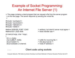 Example of Socket Programming:
An Internet File Server (1)
An Internet File Server (1)
Computer Networks, Fifth Edition by Andrew Tanenbaum and David Wetherall, © Pearson Education-Prentice Hall, 2011
. . . Client code using sockets
 