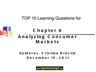 TOP 10 Learning Questions for Chapter 6 Analyzing Consumer Markets Valderas, Cristina Krastle December 15, 2011 