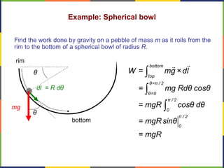 rim
bottom
mg
θ
θ
Example: Spherical bowl
Find the work done by gravity on a pebble of mass m as it rolls from the
rim to the bottom of a spherical bowl of radius R.
dl
ò
ò
ò
bottom
top
θ=π / 2
θ=0
π / 2
0
π / 2
0
W = mg × dl
= mg Rdθ cosθ
= mgR cosθ dθ
= mgR sinθ
= mgR
rr
= R dθ
 