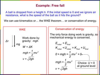 2
W = ΔK
1
mgh = mv
2
v = 2gh
A ball is dropped from a height h. If the initial speed is 0 and we ignore air
resistance, what is the speed of the ball as it hits the ground?
We can use kinematics or… the WKE theorem… or conservation of energy.
Work done by
gravity: mgh
mg
Δr
initial final
initial initial final final
2
2
E = E
K +U = K + U
1
0 + mgh = mv + 0
2
1
mgh = mv
2
v = 2gh
The only force doing work is gravity, so
mechanical energy is conserved.
Choice: U = 0
at ground level
WKE Conservation of energy
Example: Free fall
 
