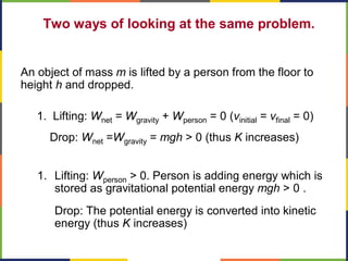 Two ways of looking at the same problem.
1. Lifting: Wnet = Wgravity + Wperson = 0 (vinitial = vfinal = 0)
Drop: Wnet =Wgravity = mgh > 0 (thus K increases)
An object of mass m is lifted by a person from the floor to
height h and dropped.
1. Lifting: Wperson > 0. Person is adding energy which is
stored as gravitational potential energy mgh > 0 .
Drop: The potential energy is converted into kinetic
energy (thus K increases)
 