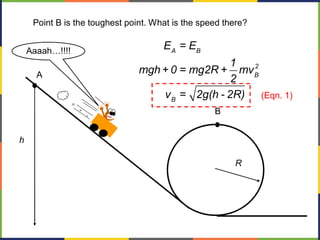 h
R
Aaaah…!!!!
A
B
Point B is the toughest point. What is the speed there?
(Eqn. 1)
A B
2
B
B
E = E
1
mgh+ 0 = mg2R + mv
2
v = 2g(h - 2R)
 