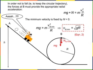 h
R
Aaaah…!!!!
A
B
In order not to fall (ie, to keep the circular trajectory),
the forces at B must provide the appropriate radial
acceleration: 2
B
v
mg + N = m
R
mg
Nby track
The minimum velocity is fixed by N = 0:
Þ
2
B,min
B,min
v
mg = m v = gR
R
(Eqn. 2)
 