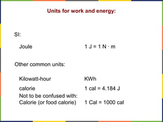 Units for work and energy:
SI:
Not to be confused with:
Calorie (or food calorie) 1 Cal = 1000 cal
calorie 1 cal = 4.184 J
Kilowatt-hour KWh
Other common units:
Joule 1 J = 1 N · m
 