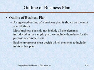 Outline of Business Plan
• Outline of Business Plan
– A suggested outline of a business plan is shown on the next
several slides.
– Most business plans do not include all the elements
introduced in the sample plan; we include them here for the
purpose of completeness.
– Each entrepreneur must decide which elements to include
in his or her plan.
Copyright ©2016 Pearson Education, Inc. 6-10
 