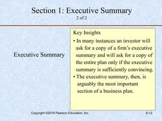 Executive Summary
Key Insights
• In many instances an investor will
ask for a copy of a firm’s executive
summary and will ask for a copy of
the entire plan only if the executive
summary is sufficiently convincing.
• The executive summary, then, is
arguably the most important
section of a business plan.
Section 1: Executive Summary
2 of 2
Copyright ©2016 Pearson Education, Inc. 6-12
 