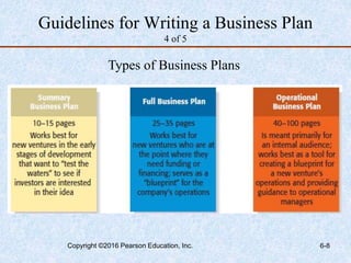 Guidelines for Writing a Business Plan
4 of 5
Types of Business Plans
Copyright ©2016 Pearson Education, Inc. 6-8
 