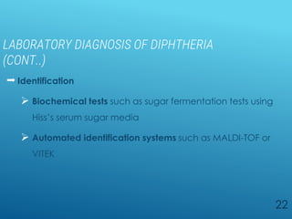 LABORATORY DIAGNOSIS OF DIPHTHERIA
(CONT..)
 Identification
 Biochemical tests such as sugar fermentation tests using
Hiss’s serum sugar media
 Automated identification systems such as MALDI-TOF or
VITEK
22
 