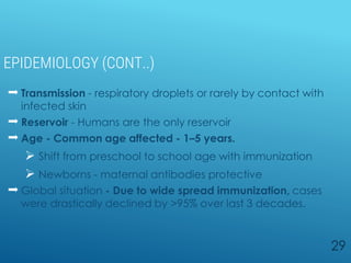 EPIDEMIOLOGY (CONT..)
 Transmission - respiratory droplets or rarely by contact with
infected skin
 Reservoir - Humans are the only reservoir
 Age - Common age affected - 1–5 years.
 Shift from preschool to school age with immunization
 Newborns - maternal antibodies protective
 Global situation - Due to wide spread immunization, cases
were drastically declined by >95% over last 3 decades.
29
 