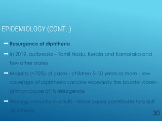 EPIDEMIOLOGY (CONT..)
 Resurgence of diphtheria
 In 2019, outbreaks – Tamil Nadu, Kerala and Karnataka and
few other states
 Majority (>70%) of cases - children 5–10 years or more - low
coverage of diphtheria vaccine especially the booster doses -
primary cause of its resurgence
 Waning immunity in adults - minor cause contributes to adult
diphtheria.
30
 