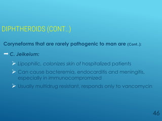 DIPHTHEROIDS (CONT..)
Coryneforms that are rarely pathogenic to man are (Cont..):
 C. Jeikeium:
 Lipophilic, colonizes skin of hospitalized patients
 Can cause bacteremia, endocarditis and meningitis,
especially in immunocompromized
 Usually multidrug resistant, responds only to vancomycin
46
 