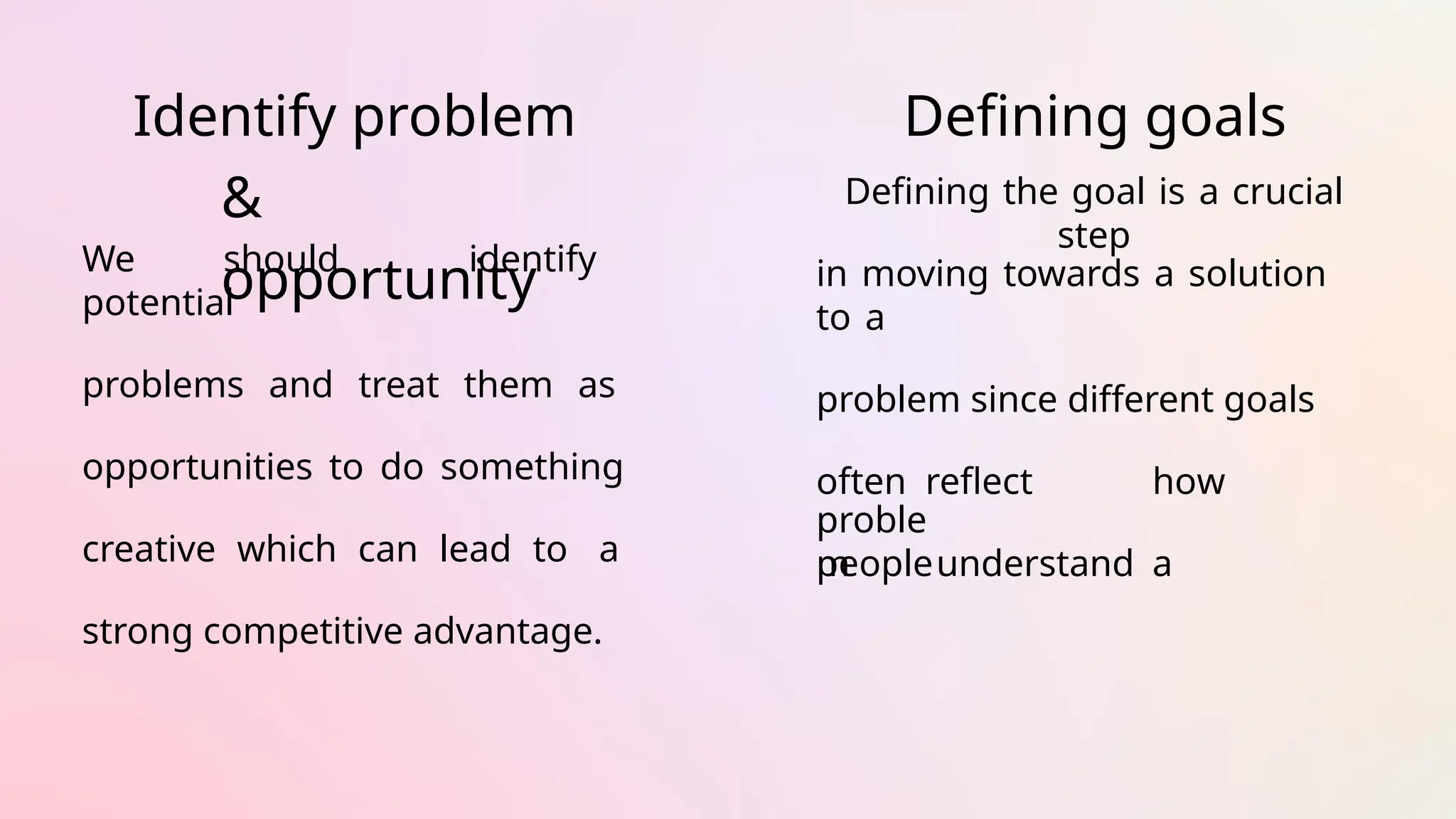 Identify problem
&
opportunity
We should identify
potential
problems and treat them as
opportunities to do something
creative which can lead to a
strong competitive advantage.
Defining goals
Defining the goal is a crucial
step
in moving towards a solution
to a
problem since different goals
often reflect how
peopleunderstand a
proble
m
 