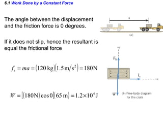 6.1 Work Done by a Constant Force
The angle between the displacement
and the friction force is 0 degrees.
( )[ ]( ) J102.1m650cosN180 4
×==W
( )( ) N180sm5.1kg120 2
=== mafs
If it does not slip, hence the resultant is
equal the frictional force
 