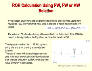 if you deposit $1000 now and are promised payments of $500 three years from
now and $1500 five years from now, what is the rate of return relation using PW
factors
The value of i * that makes the equality correct is to be determined If the $1000 is
moved to the right side of the Equation, we have the form 0 = PW.
© 2012 by McGraw-Hill, New York, N.Y All Rights Reserved
The equation is solved for i * 16.9% by hand
using trial and error or using a spreadsheet
function.
The rate of return will always be greater than
zero if the total amount of cash inflow is greater
than the total amount of outflow, when the time
value of money is considered.
ROR Calculation Using PW, FW or AWROR Calculation Using PW, FW or AW
RelationRelation
 