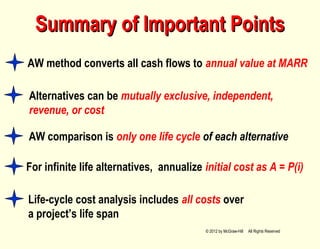 Summary of Important PointsSummary of Important Points
AW method converts all cash flows to annual value at MARR
AW comparison is only one life cycle of each alternative
Alternatives can be mutually exclusive, independent,
revenue, or cost
For infinite life alternatives, annualize initial cost as A = P(i)
Life-cycle cost analysis includes all costs over
a project’s life span
© 2012 by McGraw-Hill All Rights Reserved
 