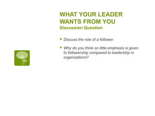 WHAT YOUR LEADER
WANTS FROM YOU
Discussion Question
 Discuss the role of a follower.
 Why do you think so little emphasis is given
to followership compared to leadership in
organizations?
 