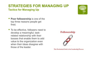 STRATEGIES FOR MANAGING UP
Tactics for Managing Up
 Poor followership is one of the
top three reasons people get
fired.
 To be effective, followers need to
develop a meaningful, task-
related relationship with their
bosses that enable them to add
value to the organization even
when their ideas disagree with
those of the leader.
 
