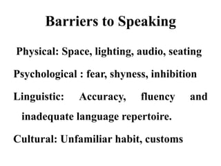 Barriers to Speaking
Physical: Space, lighting, audio, seating

Psychological : fear, shyness, inhibition

Linguistic:   Accuracy,     fluency    and
 inadequate language repertoire.

Cultural: Unfamiliar habit, customs
 