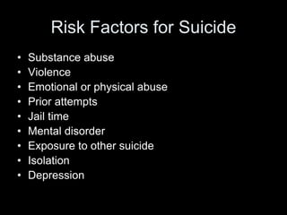 Risk Factors for SuicideSubstance abuseViolenceEmotional or physical abusePrior attempts Jail timeMental disorderExposure to other suicide IsolationDepression 