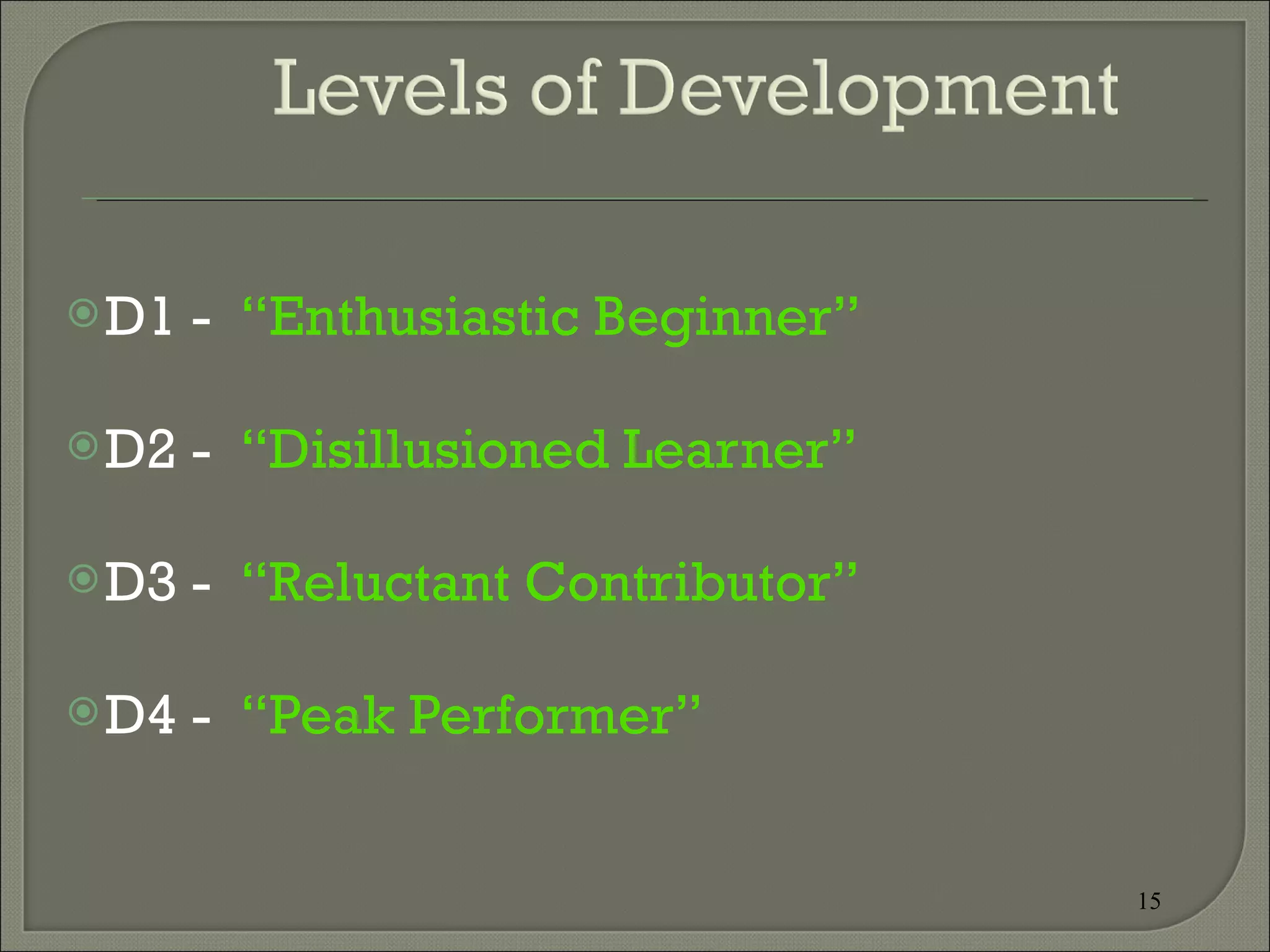 D1 -  “Enthusiastic Beginner” D2 -  “Disillusioned Learner” D3 -  “Reluctant   Contributor” D4 -  “Peak Performer” 15 