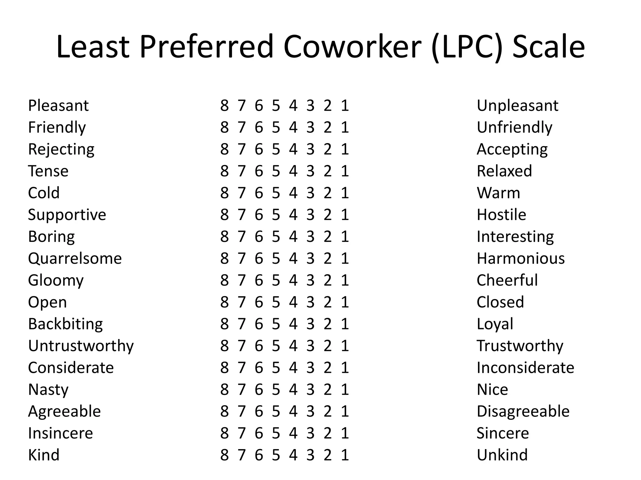 Least Preferred Coworker (LPC) Scale Pleasant 8  7  6  5  4  3  2  1 Unpleasant Friendly 8  7  6  5  4  3  2  1 Unfriendly Rejecting 8  7  6  5  4  3  2  1 Accepting Tense   8  7  6  5  4  3  2  1 Relaxed Cold 8  7  6  5  4  3  2  1 Warm Supportive   8  7  6  5  4  3  2  1 Hostile Boring   8  7  6  5  4  3  2  1 Interesting Quarrelsome 8  7  6  5  4  3  2  1 Harmonious Gloomy 8  7  6  5  4  3  2  1 Cheerful Open 8  7  6  5  4  3  2  1 Closed Backbiting 8  7  6  5  4  3  2  1 Loyal Untrustworthy   8  7  6  5  4  3  2  1 Trustworthy Considerate   8  7  6  5  4  3  2  1 Inconsiderate Nasty   8  7  6  5  4  3  2  1 Nice Agreeable   8  7  6  5  4  3  2  1  Disagreeable Insincere   8  7  6  5  4  3  2  1 Sincere Kind   8  7  6  5  4  3  2  1 Unkind 