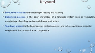  Productive activities: is the labeling of reading and listening.
 Bottom-up process: is the prior knowledge of a language system such as vocabulary,
morphology, phonology, syntax, and discourse structure.
 Top-down process: is the knowledge of content, context, and cultures which are essential
components for communicative competence.
 