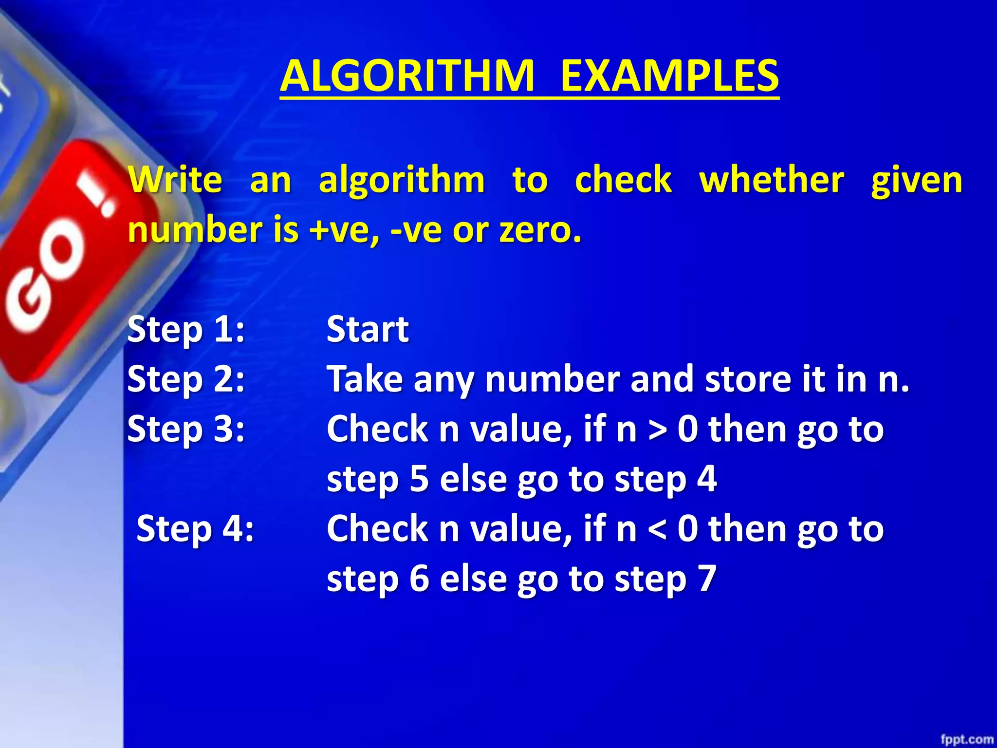 ALGORITHM EXAMPLES Write an algorithm to check whether given number is +ve, -ve or zero. Step 1: Start Step 2: Take any number and store it in n. Step 3: Check n value, if n > 0 then go to step 5 else go to step 4 Step 4: Check n value, if n < 0 then go to step 6 else go to step 7 