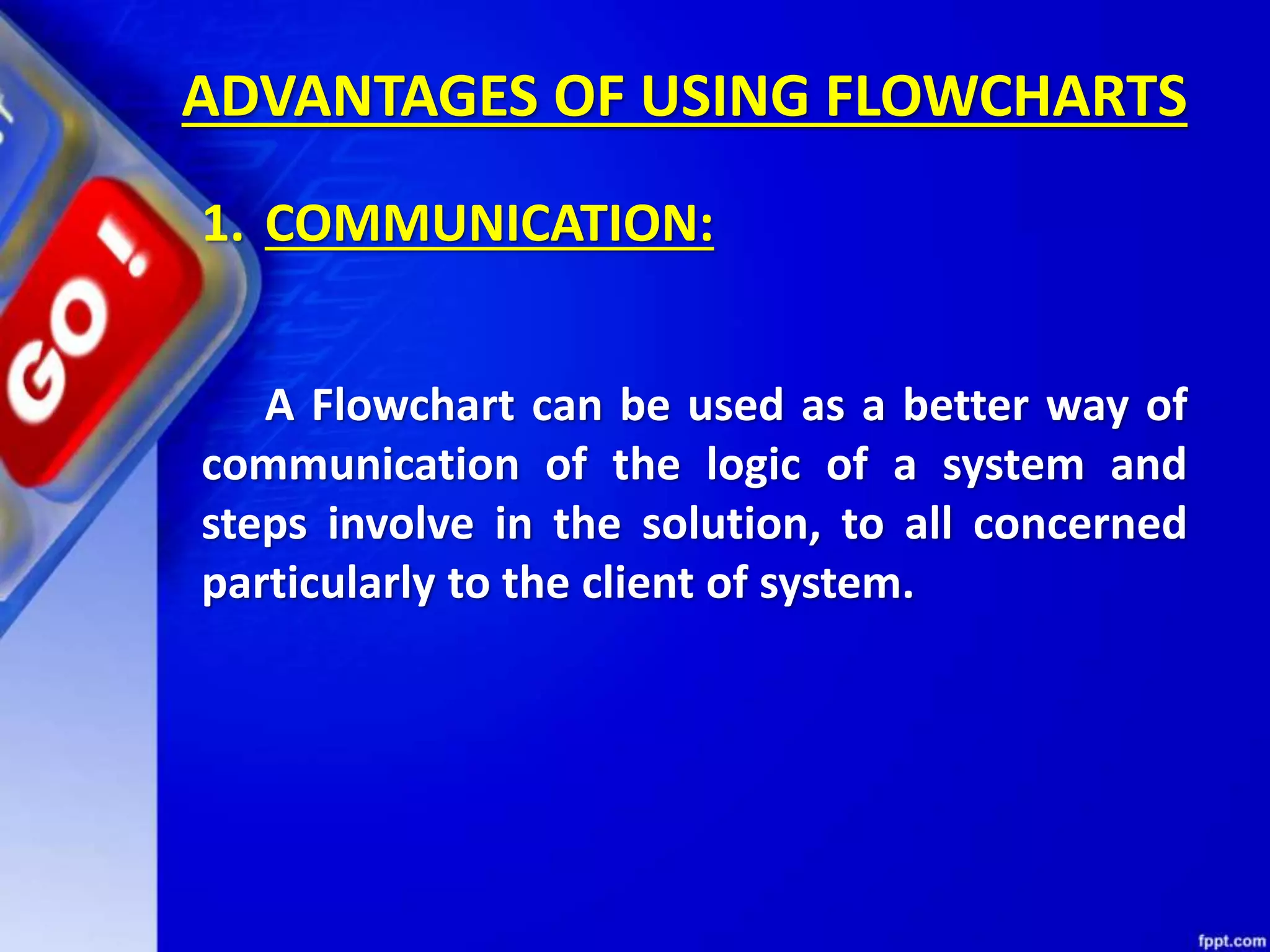 ADVANTAGES OF USING FLOWCHARTS 1. COMMUNICATION: A Flowchart can be used as a better way of communication of the logic of a system and steps involve in the solution, to all concerned particularly to the client of system. 