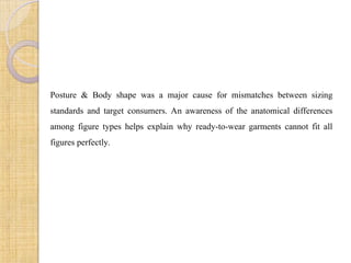 Posture & Body shape was a major cause for mismatches between sizing
standards and target consumers. An awareness of the anatomical differences
among figure types helps explain why ready-to-wear garments cannot fit all
figures perfectly.
 