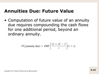 Annuities Due: Future Value

• Computation of future value of an annuity
  due requires compounding the cash flows
  for one additional period, beyond an
  ordinary annuity.




Copyright © 2011 Pearson Prentice Hall. All rights reserved.
                                                               6-42
 