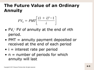 The Future Value of an Ordinary
Annuity



 • FVn = FV of annuity at the end of nth
   period.
 • PMT = annuity payment deposited or
   received at the end of each period
 • i = interest rate per period
 • n = number of periods for which
   annuity will last

Copyright © 2011 Pearson Prentice Hall. All rights reserved.
                                                               6-5
 