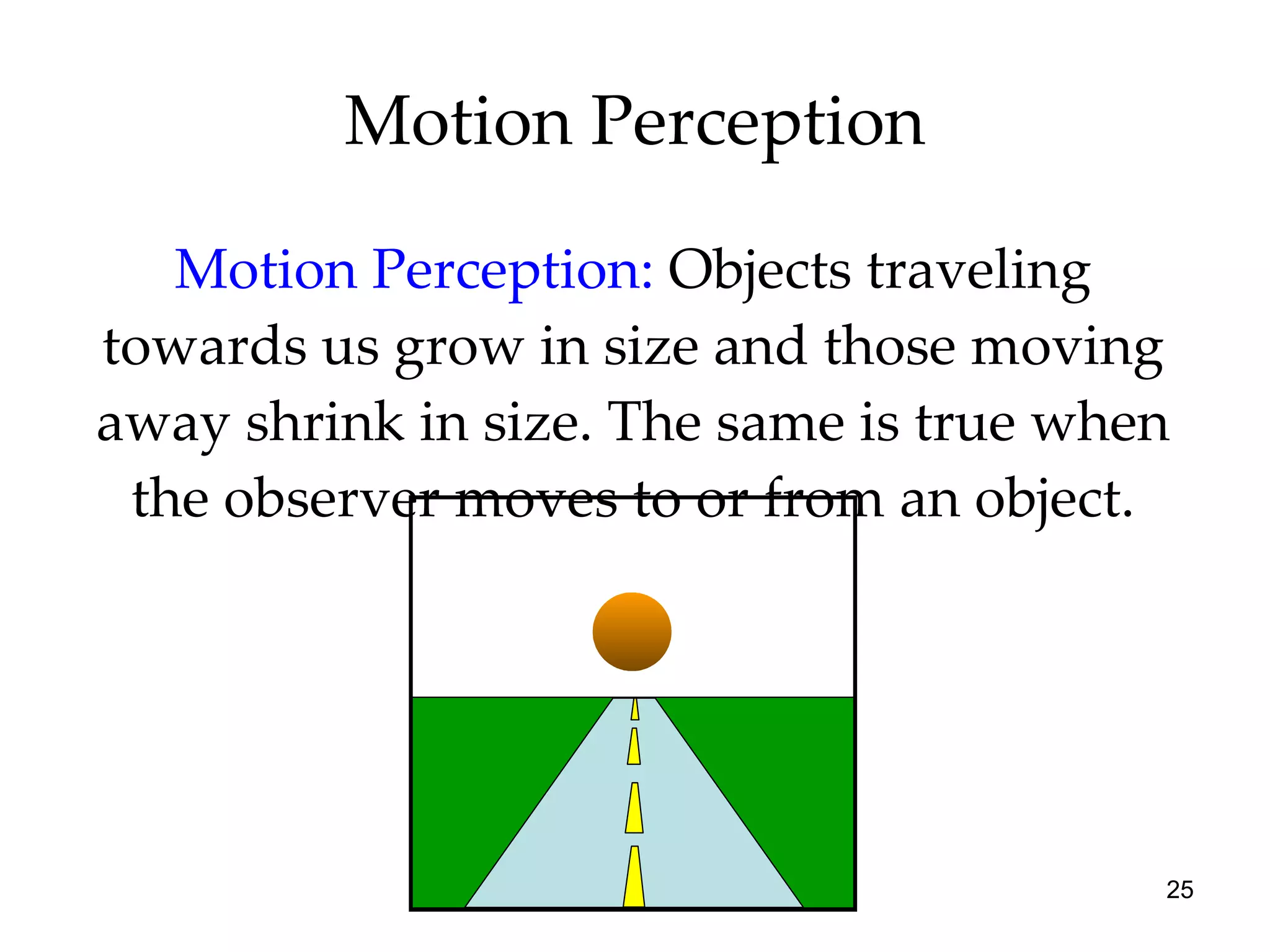Motion Perception Motion Perception:   Objects traveling towards us grow in size and those moving away shrink in size. The same is true when the observer moves to or from an object. 