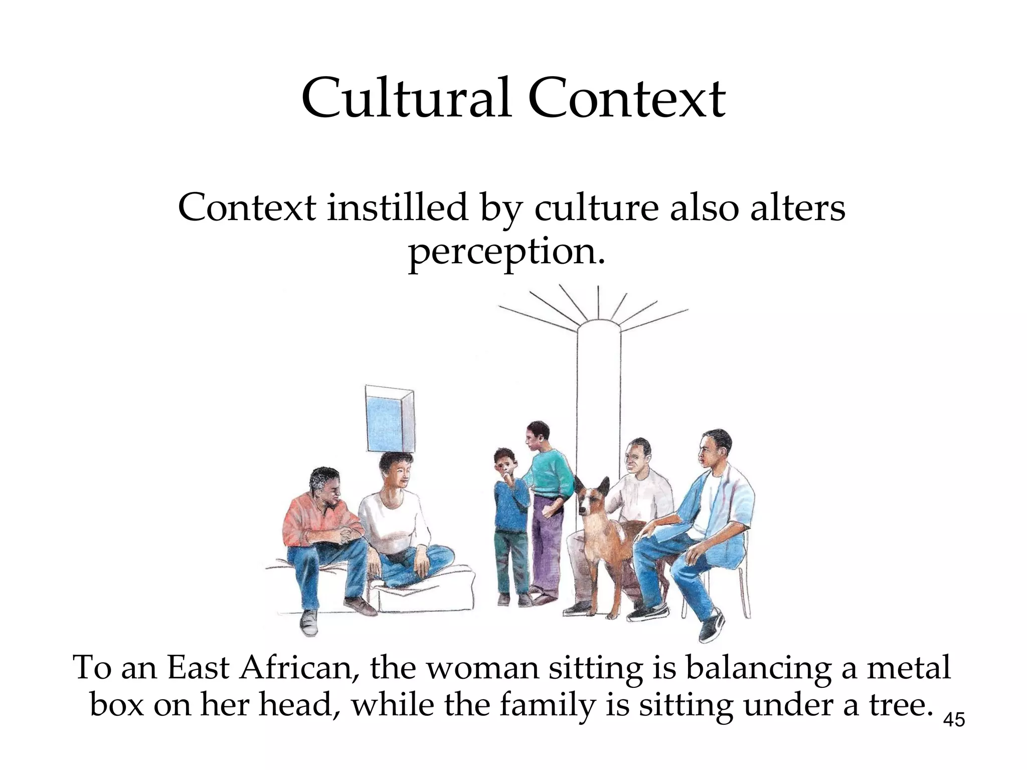 Cultural Context To an East African, the woman sitting is balancing a metal box on her head, while the family is sitting under a tree. Context instilled by culture also alters perception.  