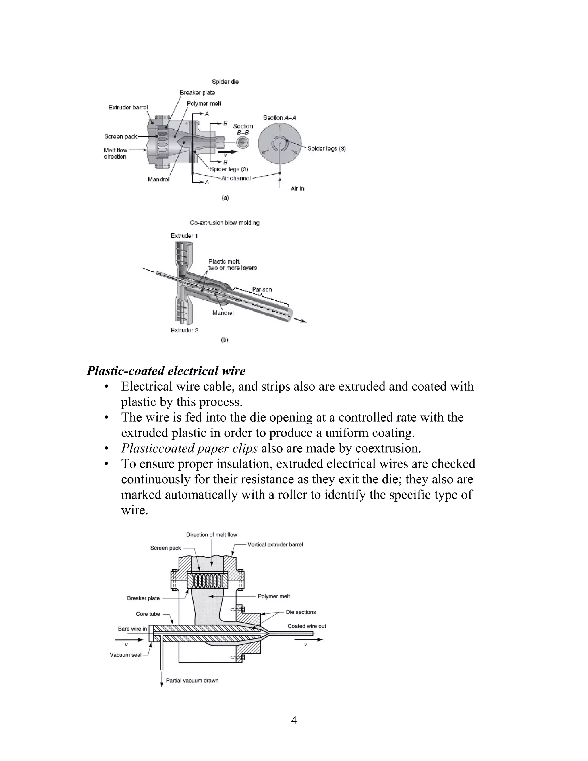 Plastic-coated electrical wire
   • Electrical wire cable, and strips also are extruded and coated with
       plastic by this process.
   • The wire is fed into the die opening at a controlled rate with the
       extruded plastic in order to produce a uniform coating.
   • Plasticcoated paper clips also are made by coextrusion.
   • To ensure proper insulation, extruded electrical wires are checked
       continuously for their resistance as they exit the die; they also are
       marked automatically with a roller to identify the specific type of
       wire.




                                       4
 