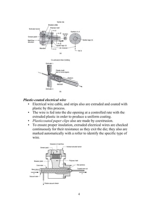 Plastic-coated electrical wire
   • Electrical wire cable, and strips also are extruded and coated with
       plastic by this process.
   • The wire is fed into the die opening at a controlled rate with the
       extruded plastic in order to produce a uniform coating.
   • Plasticcoated paper clips also are made by coextrusion.
   • To ensure proper insulation, extruded electrical wires are checked
       continuously for their resistance as they exit the die; they also are
       marked automatically with a roller to identify the specific type of
       wire.




                                       4
 