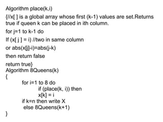 Algorithm place(k,i)
{//x[ ] is a global array whose first (k-1) values are set.Returns
true if queen k can be placed in ith column.
for j=1 to k-1 do
If (x[ j ] = i) //two in same column
or abs(x[j]-i)=abs(j-k)
then return false
return true}
Algorithm 8Queens(k)
{
for i=1 to 8 do
if (place(k, i)) then
x[k] = i
if k=n then write X
else 8Queens(k+1)
}
 