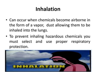 Inhalation
• Can occur when chemicals become airborne in
the form of a vapor, dust allowing them to be
inhaled into the lungs.
• To prevent inhaling hazardous chemicals you
must select and use proper respiratory
protection.
 