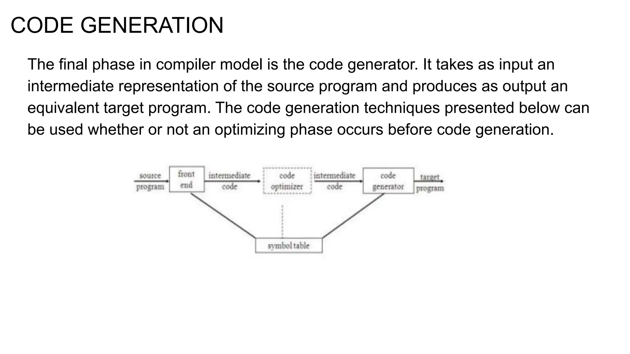 CODE GENERATION
The final phase in compiler model is the code generator. It takes as input an
intermediate representation of the source program and produces as output an
equivalent target program. The code generation techniques presented below can
be used whether or not an optimizing phase occurs before code generation.
 