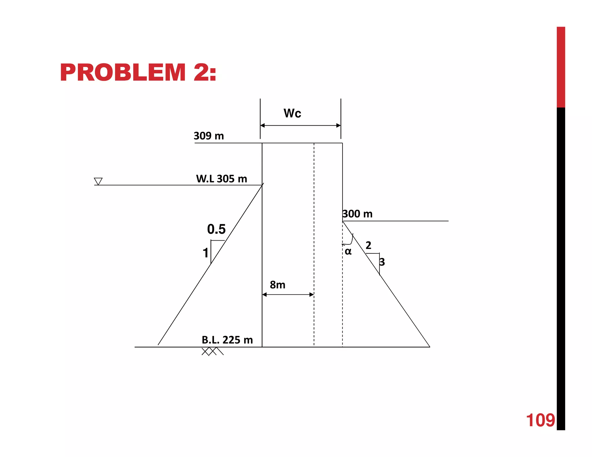 PROBLEM 2:
8m
α
309 m
300 m
W.L 305 m
2
3
B.L. 225 m
Wc
1
0.5
109
 
