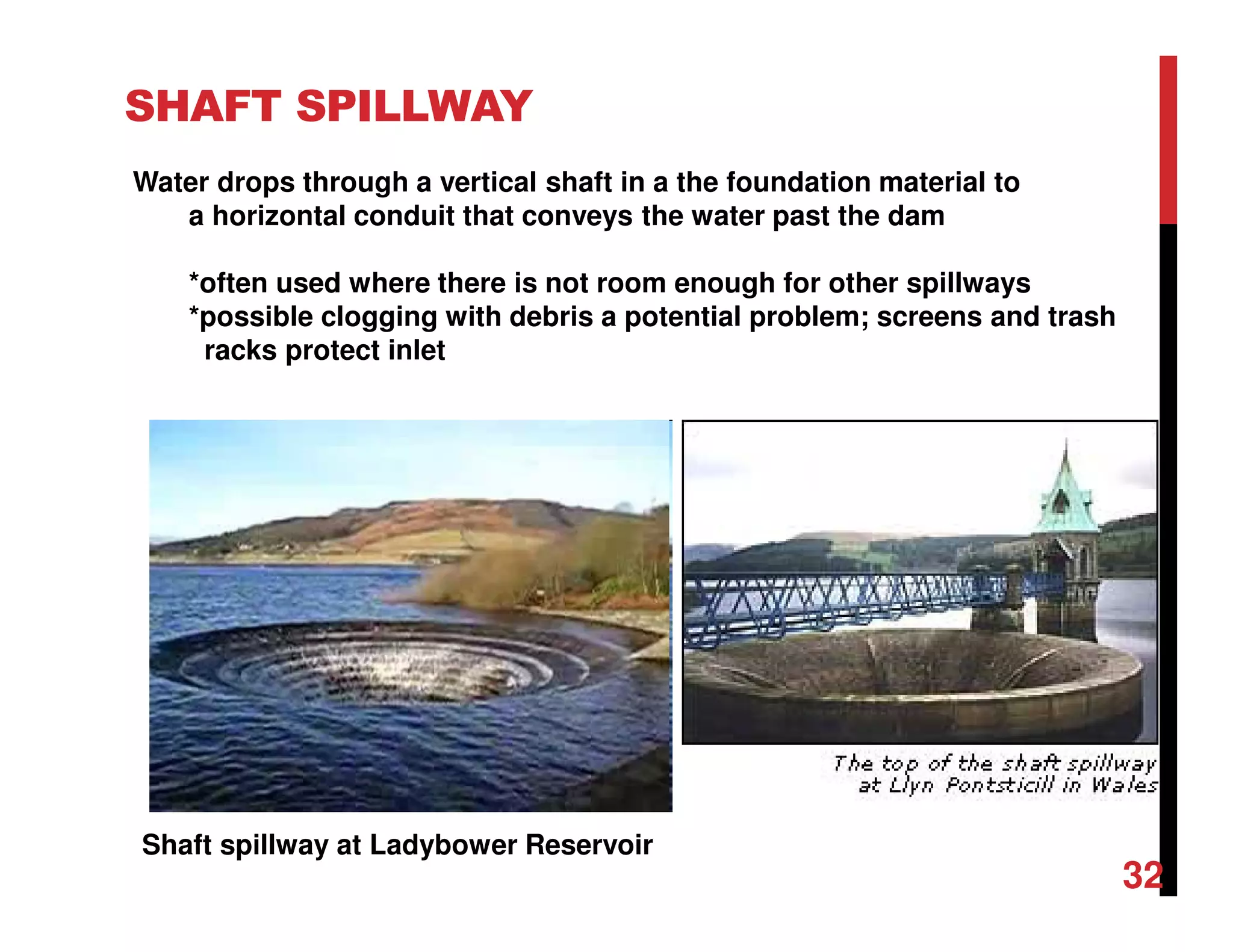 SHAFT SPILLWAY
Shaft spillway at Ladybower Reservoir
Water drops through a vertical shaft in a the foundation material to
a horizontal conduit that conveys the water past the dam
*often used where there is not room enough for other spillways
*possible clogging with debris a potential problem; screens and trash
racks protect inlet
32
 