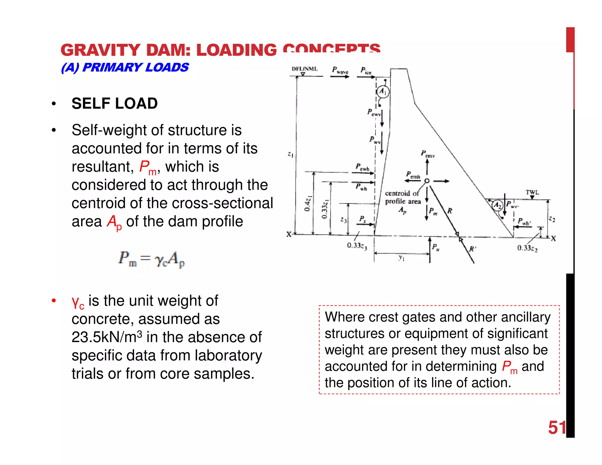 GRAVITY DAM: LOADING CONCEPTS
(A) PRIMARY LOADS
• SELF LOAD
• Self-weight of structure is
accounted for in terms of its
resultant, Pm, which is
considered to act through the
centroid of the cross-sectional
area Ap of the dam profile
• γc is the unit weight of
concrete, assumed as
23.5kN/m3 in the absence of
specific data from laboratory
trials or from core samples.
Where crest gates and other ancillary
structures or equipment of significant
weight are present they must also be
accounted for in determining Pm and
the position of its line of action.
51
 